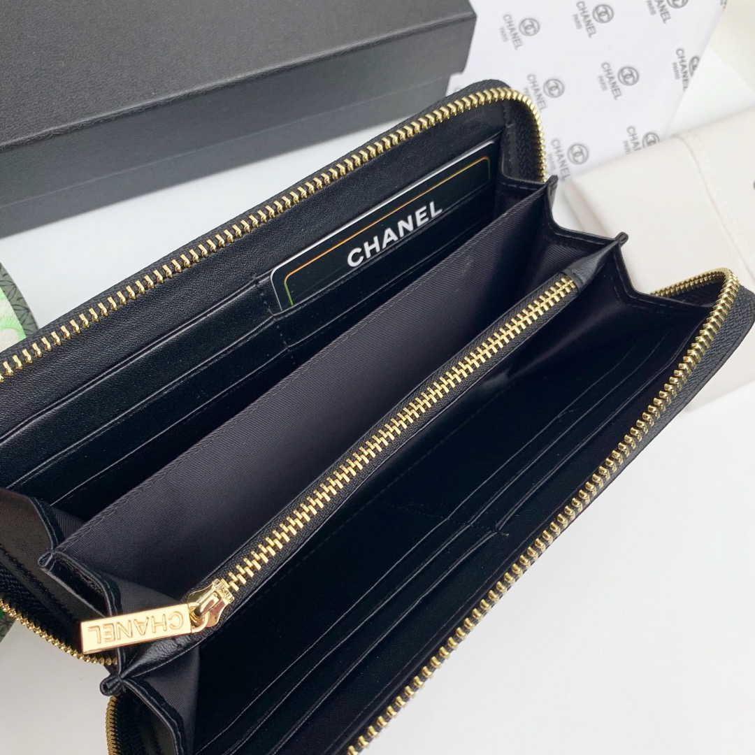 CC Inspired Zip Around Wallet Quilted Caviar Long-Plain Gold Wallet - Gorchic - $52.99