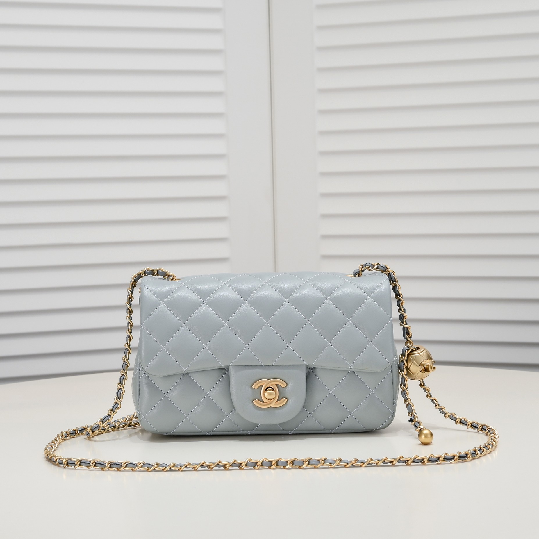 CC Inspired Classic Flag Bag Pearl Crush Mini Rectangular Flap Bag Light Blue Calfskin Antique Gold Hardware - Bag - Gorchic - $117.99