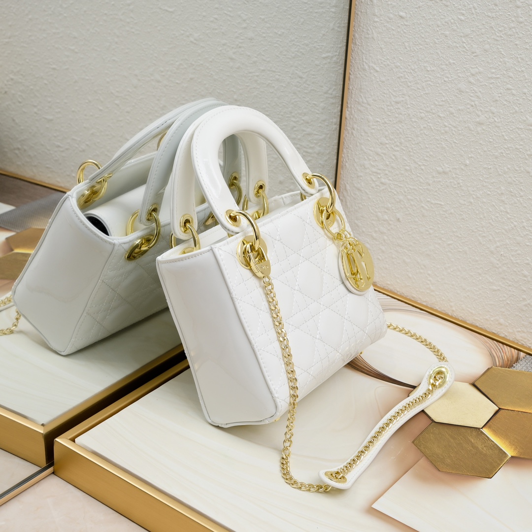D Inspired Mini Lady D Inspired Bag Powder White Patent Cannage Calfskin Golden Hardware - Bag - Gorchic - $138.99