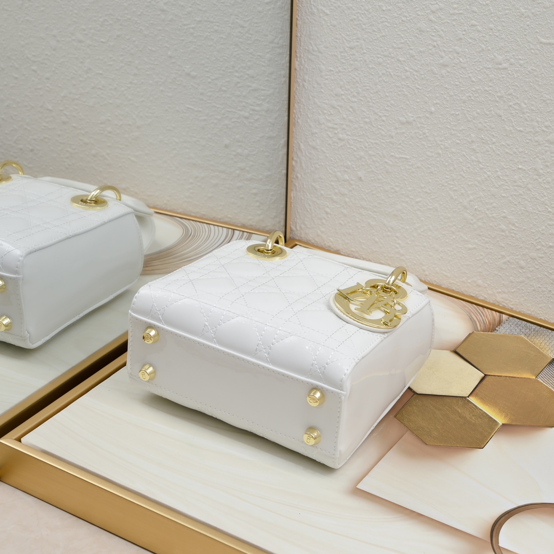 D Inspired Mini Lady D Inspired Bag Powder White Patent Cannage Calfskin Golden Hardware - Bag - Gorchic - $138.99