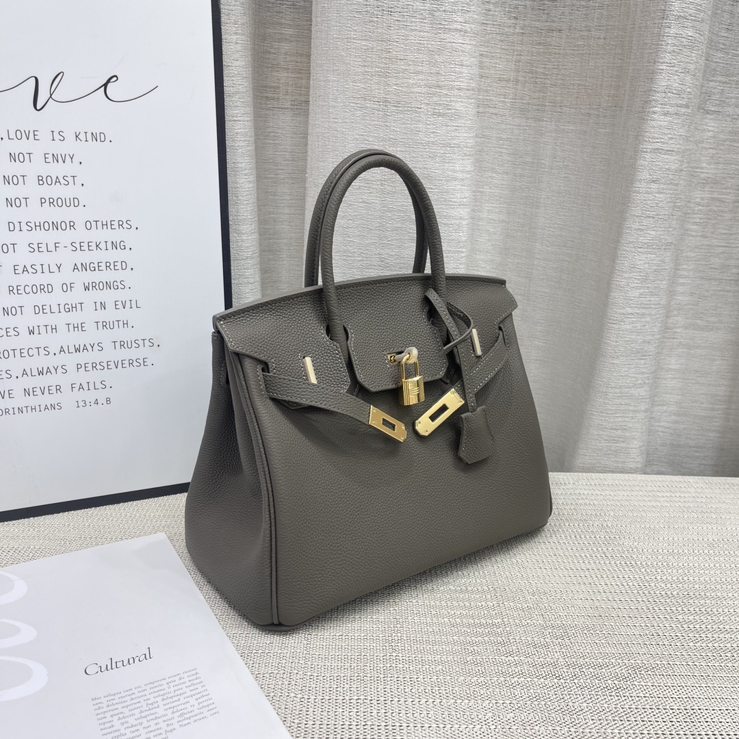 H-Inspired Birkin Togo Retourne Bag Golden Hardware-Light Grey Bag - Gorchic - $185.99