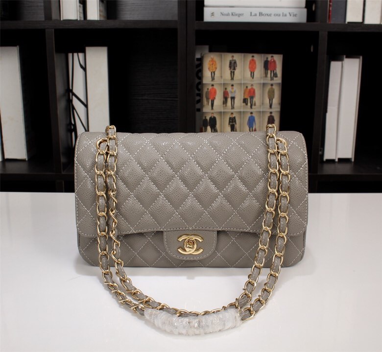 CC Inspired Classic Double Flap Bag Dark Grey Caviar Golden Hardware - Bag - Gorchic - $122.99