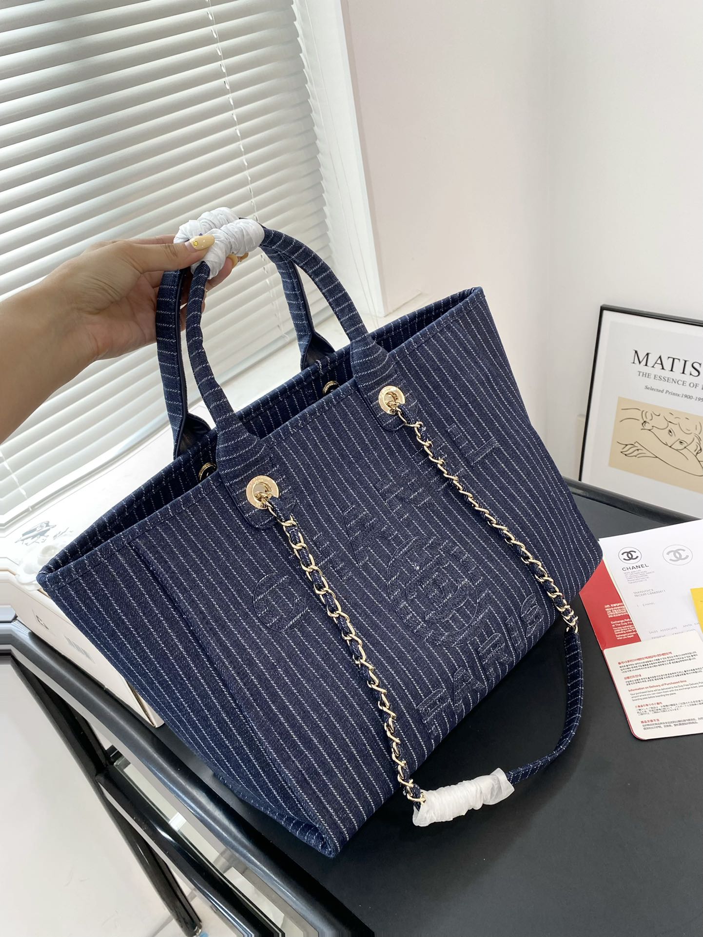 CC Inspired Shopping Tote Bag Denim & Gold Metal Dark Blue - Bag - Gorchic - $163.99