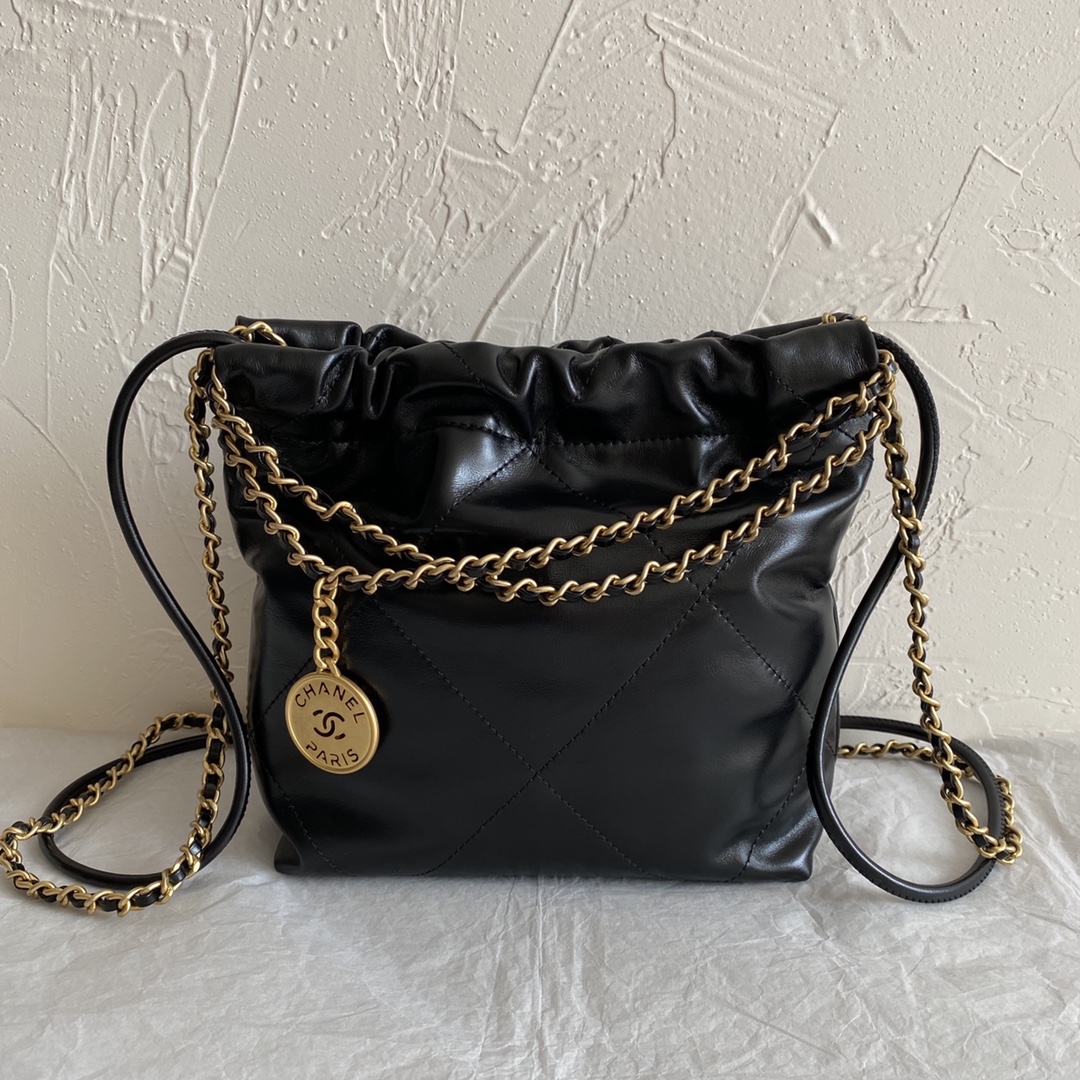 CC Inspired 22 MINI HANDBAG Shiny Calfskin & Gold-Tone Metal Black - Bag - Gorchic - $132.99