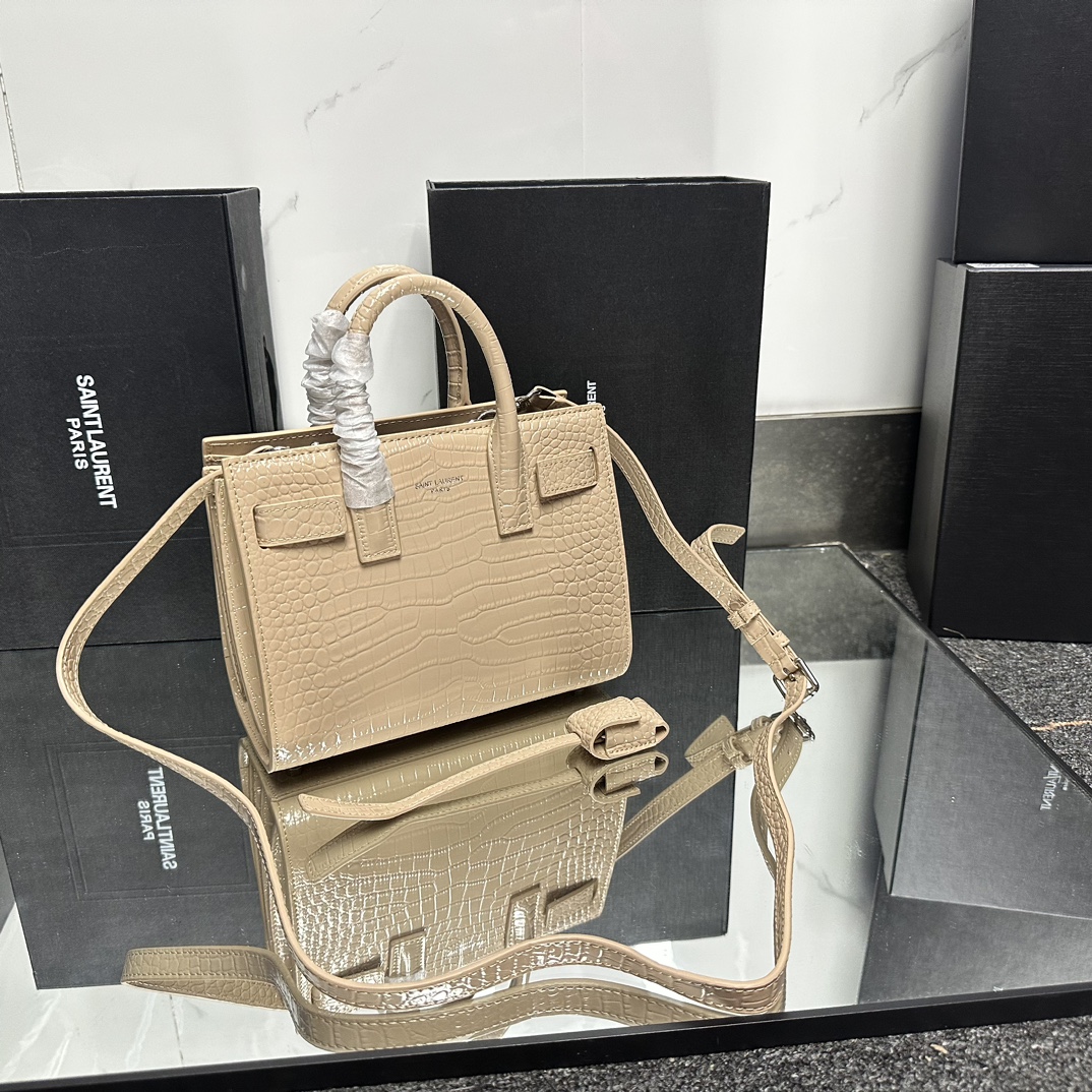 Lady Designer Beige Croc Embossed Leather Nano Classic Sac De Jour Tote - Bag - Gorchic - $175.99