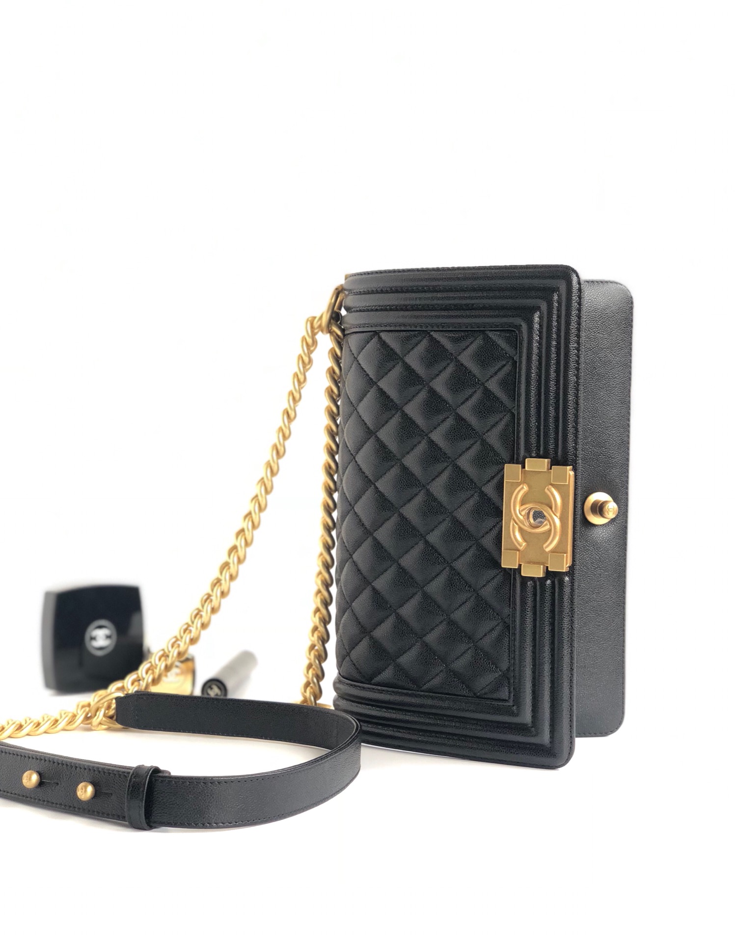 CC Inspired Boy Flap Quilted Calfskin Gold-tone New Medium Black - Gorchic - $167.99