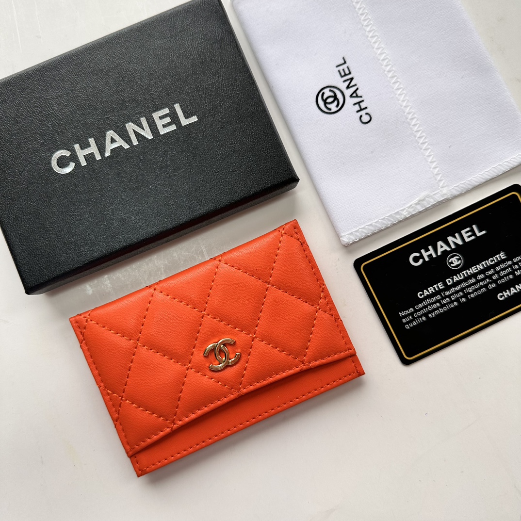 CC Inspired CLASSIC CARD HOLDER Grained Calfskin Orange Wallet - Gorchic - $37.99