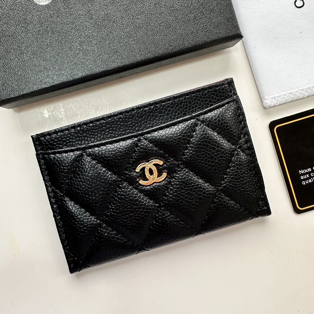 CC Inspired CLASSIC CARD HOLDER Grained Calfskin & Gold-Tone MetalBlack -Wallet - Gorchic - $37.99