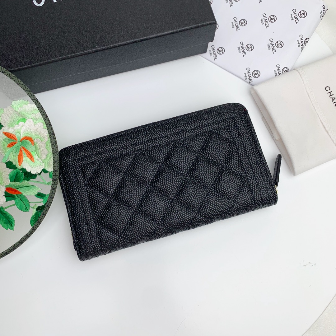CC Inspired Zip Around Wallet Quilted Caviar Long-Fishseed Pattern Gold Wallet - Gorchic - $52.99