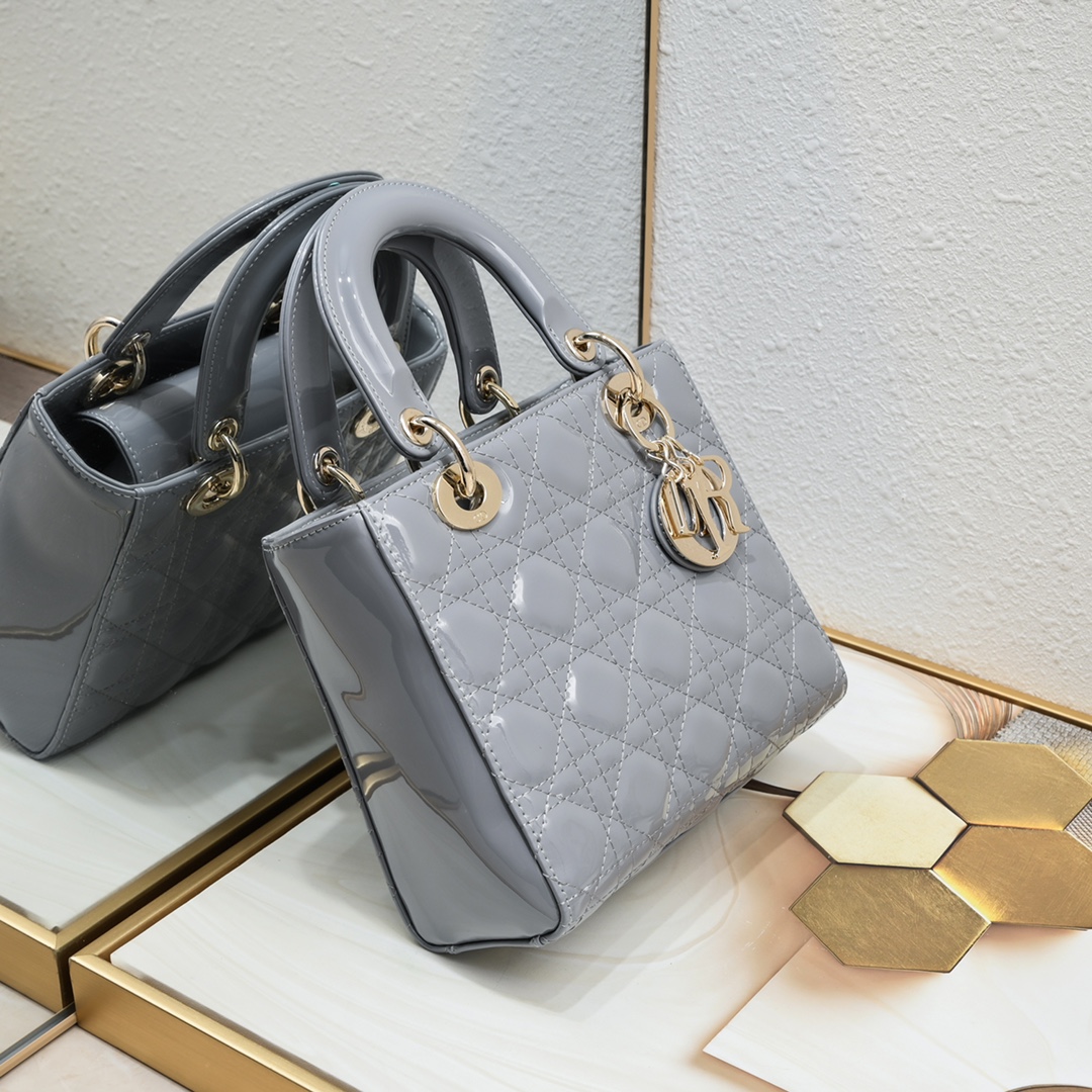 D Inspired Small Lady D Inspired Bag Powder Grey Patent Cannage Calfskin Golden Hardware - Bag - Gorchic - $144.99