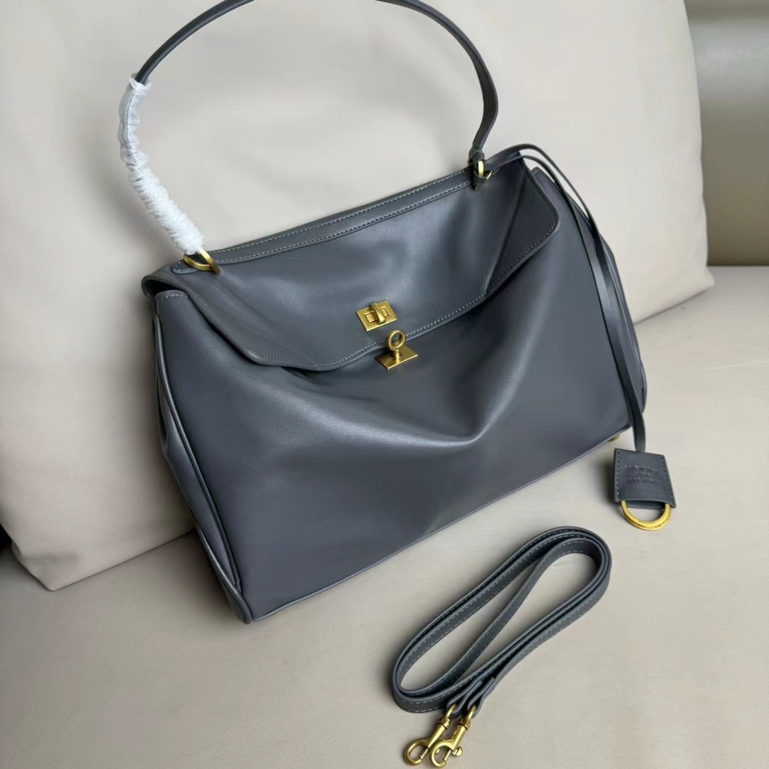 Hourglass iconic Rodeo leather shoulder bag in Grey and aged-golden hardware Multiple Size - Bag - Gorchic - $169.99