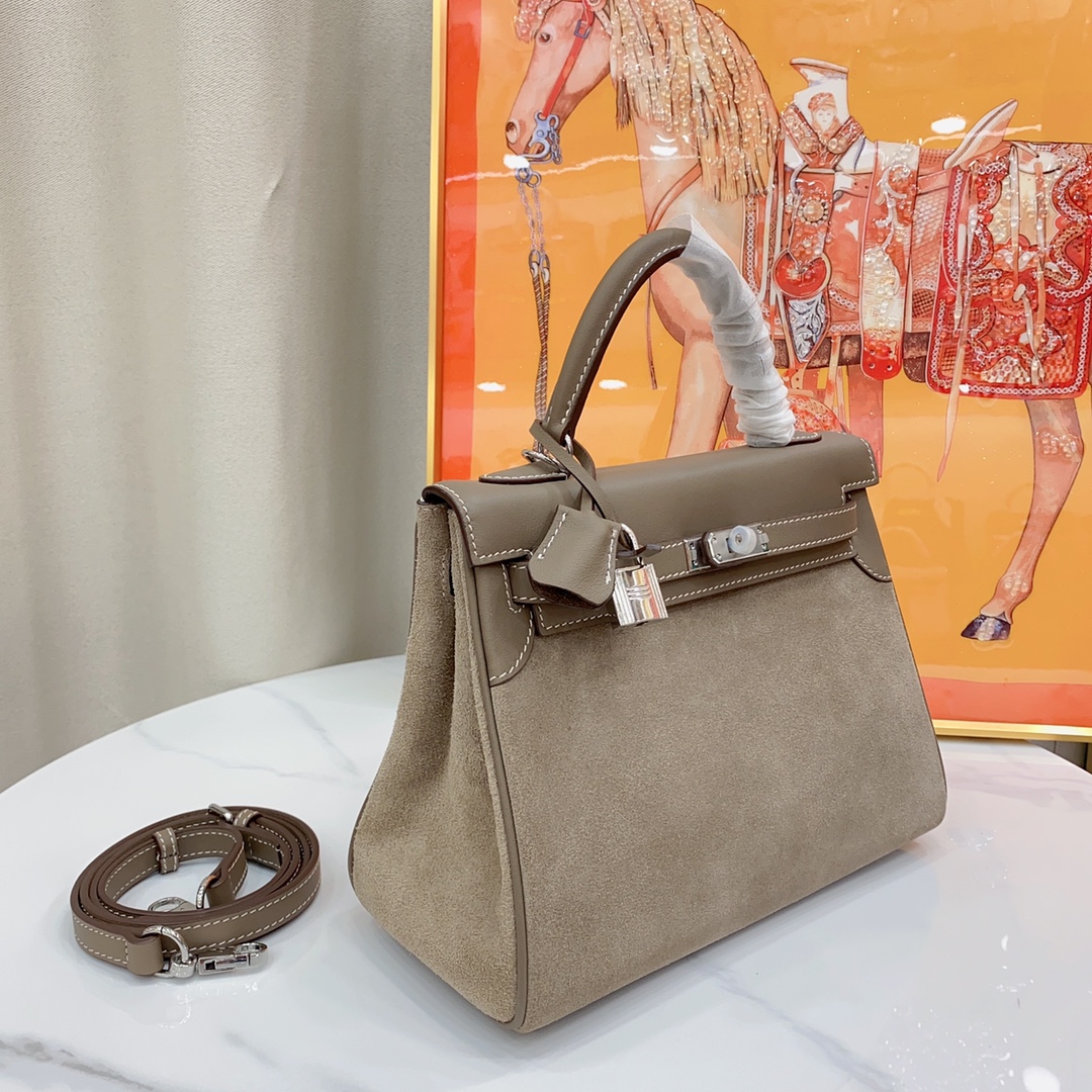 H-Inspired Kelly Haze Gray Suede - Handbags - Gorchic - $230.99