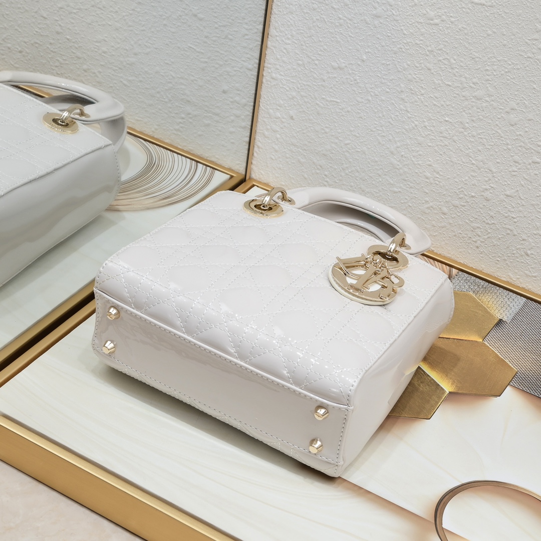 D Inspired Small Lady D Inspired Bag Powder White Patent Cannage Calfskin Golden Hardware - Bag - Gorchic - $144.99