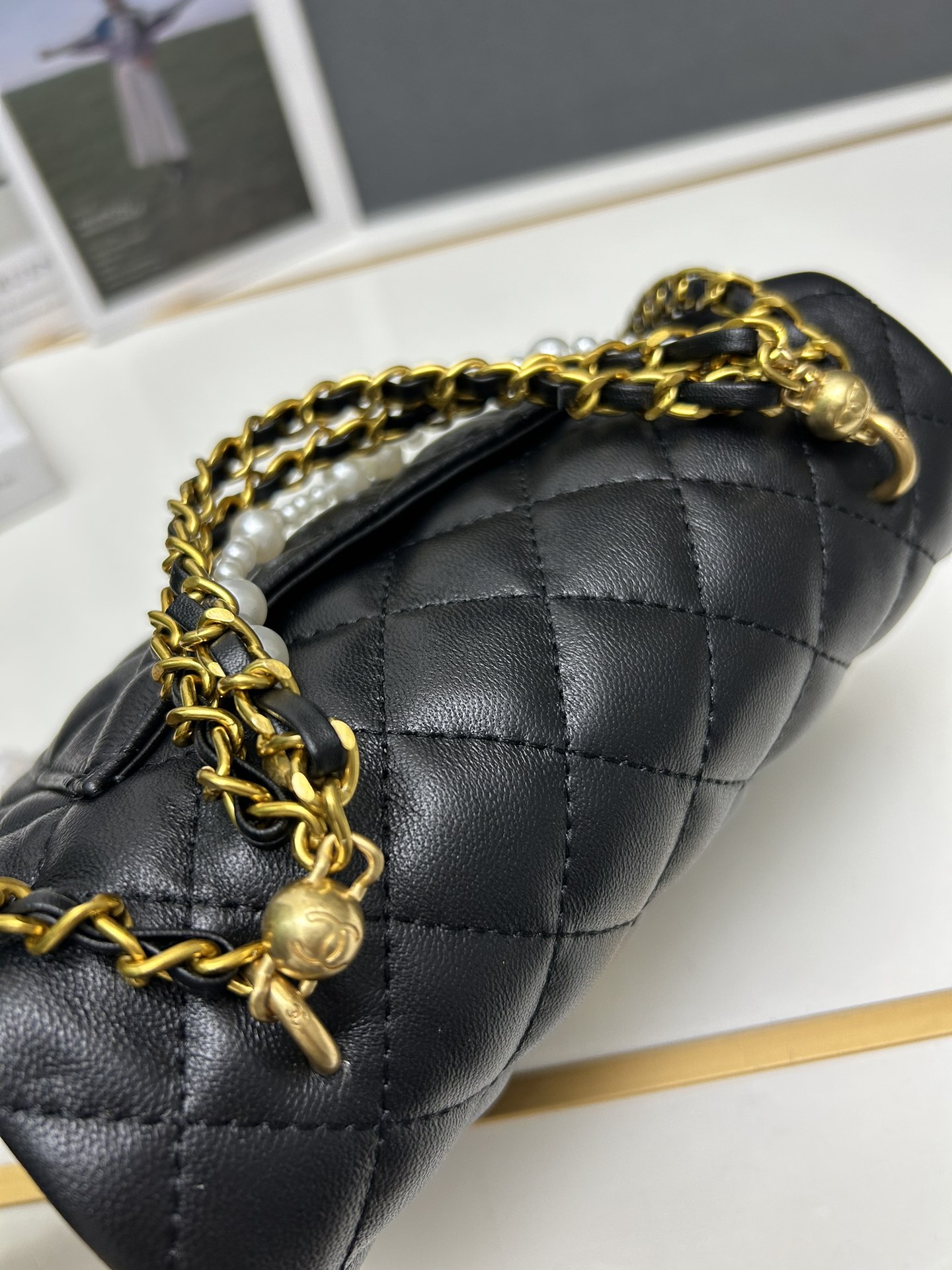 CC Inspired Mini Square Pearl Flap Bag Black Leather Gold Hardware - Gorchic - $132.99