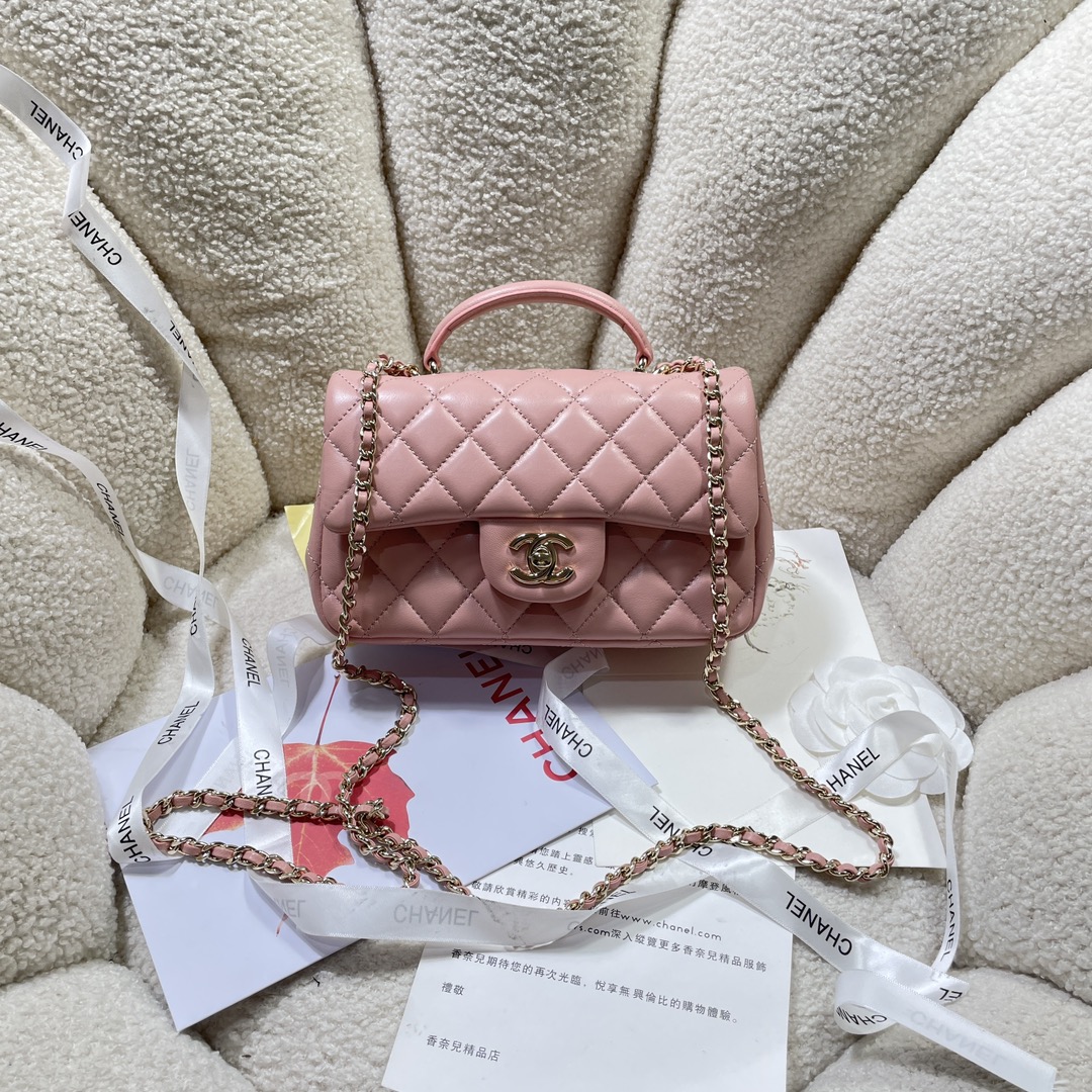 CC Inspired Lambskin Quilted Mini Top Handle Rectangular Flap Pink Bag - Gorchic - $152.99