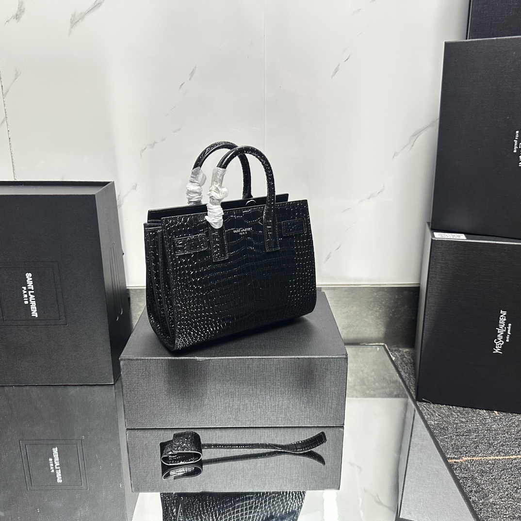 Lady Designer Black Croc Embossed Leather Nano Classic Sac De Jour Tote - Bag - Gorchic - $175.99