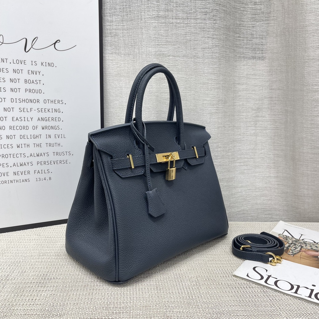 H-Inspired Birkin Togo Retourne Bag Golden-Midnight Blue Bag - Gorchic - $185.99