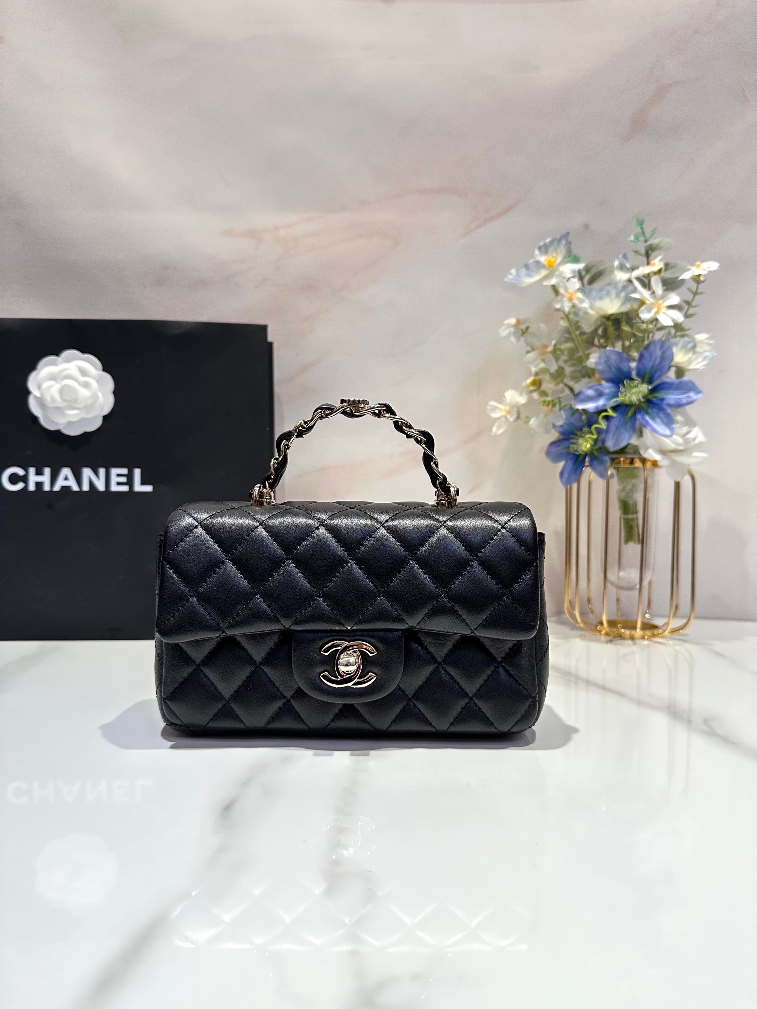 CC Inspired Lambskin Quilted Mini Top Handle Rectangular Flap Black Sier Hardwear Bag - Gorchic - $152.99