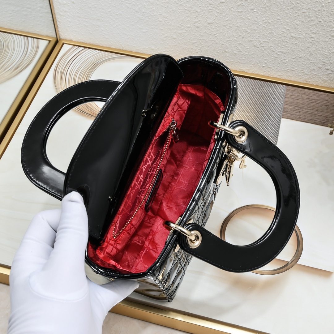 D Inspired Small Lady D Inspired Bag Powder Black Patent Cannage Calfskin Golden Hardware - Bag - Gorchic - $144.99