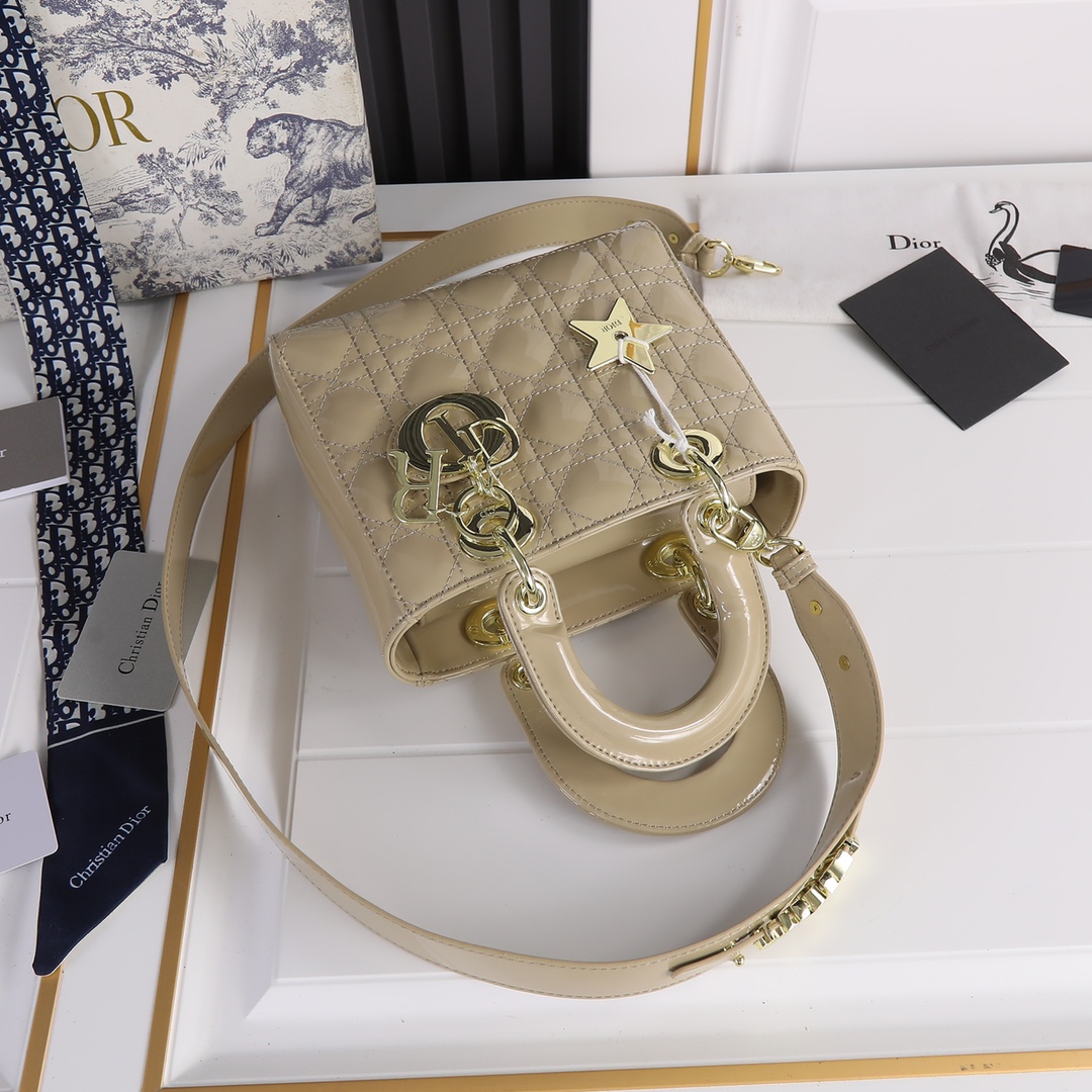 D Inspired Small Lady D Inspired Bag Powder Sand-Colored Patent Cannage Calfskin Golden Hardware - Bag - Gorchic - $144.99