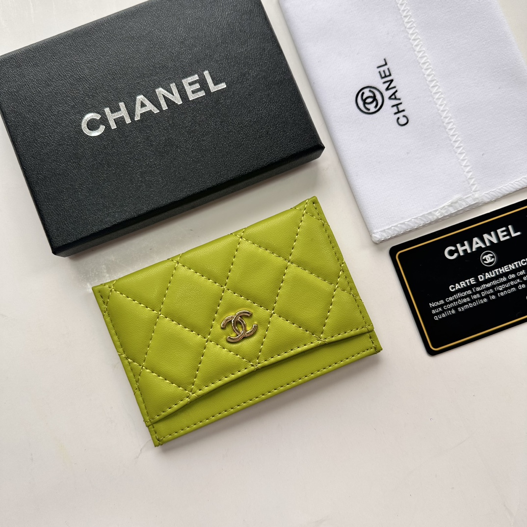 CC Inspired CLASSIC CARD HOLDER Grained Shiny Calfskin & Gold-Tone Metal Green -Wallet - Gorchic - $37.99