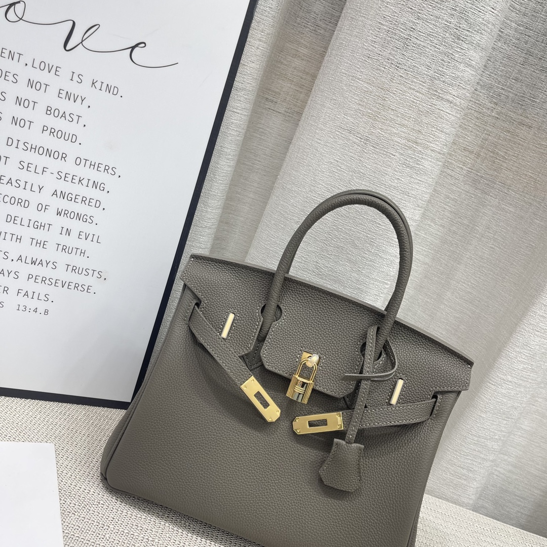 H-Inspired Birkin Togo Retourne Bag Golden Hardware-Light Grey Bag - Gorchic - $185.99