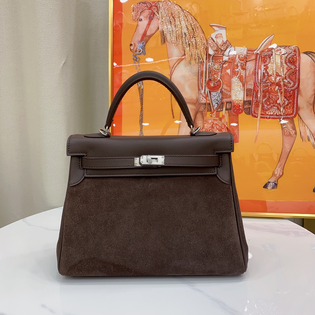 H-Inspired Kelly Haze Coffee Suede - Handbags - Gorchic - $200.99