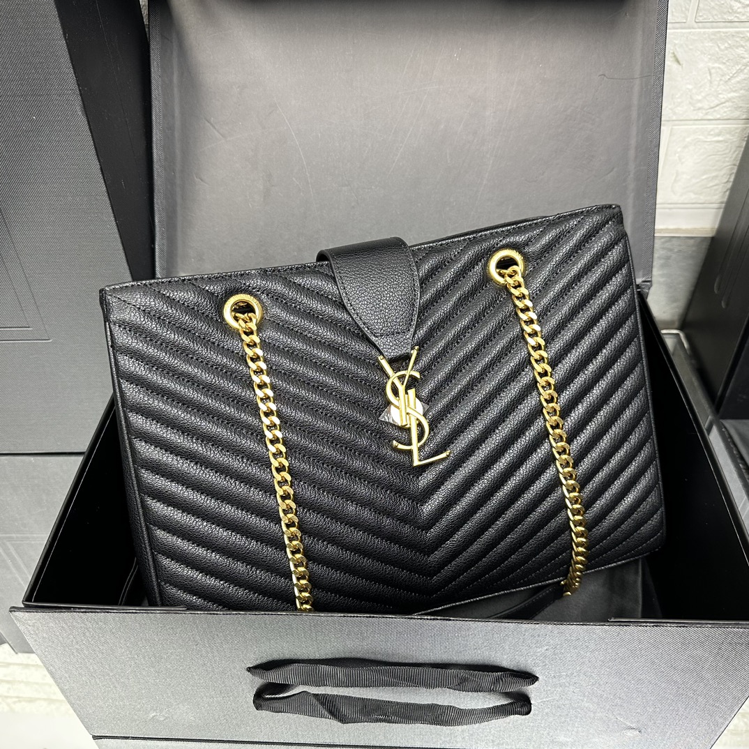 Lady Designer Black Matelasse Leather Cassandre Large Shopper Tote-Gold Hardware - Bag - Gorchic - $153.99