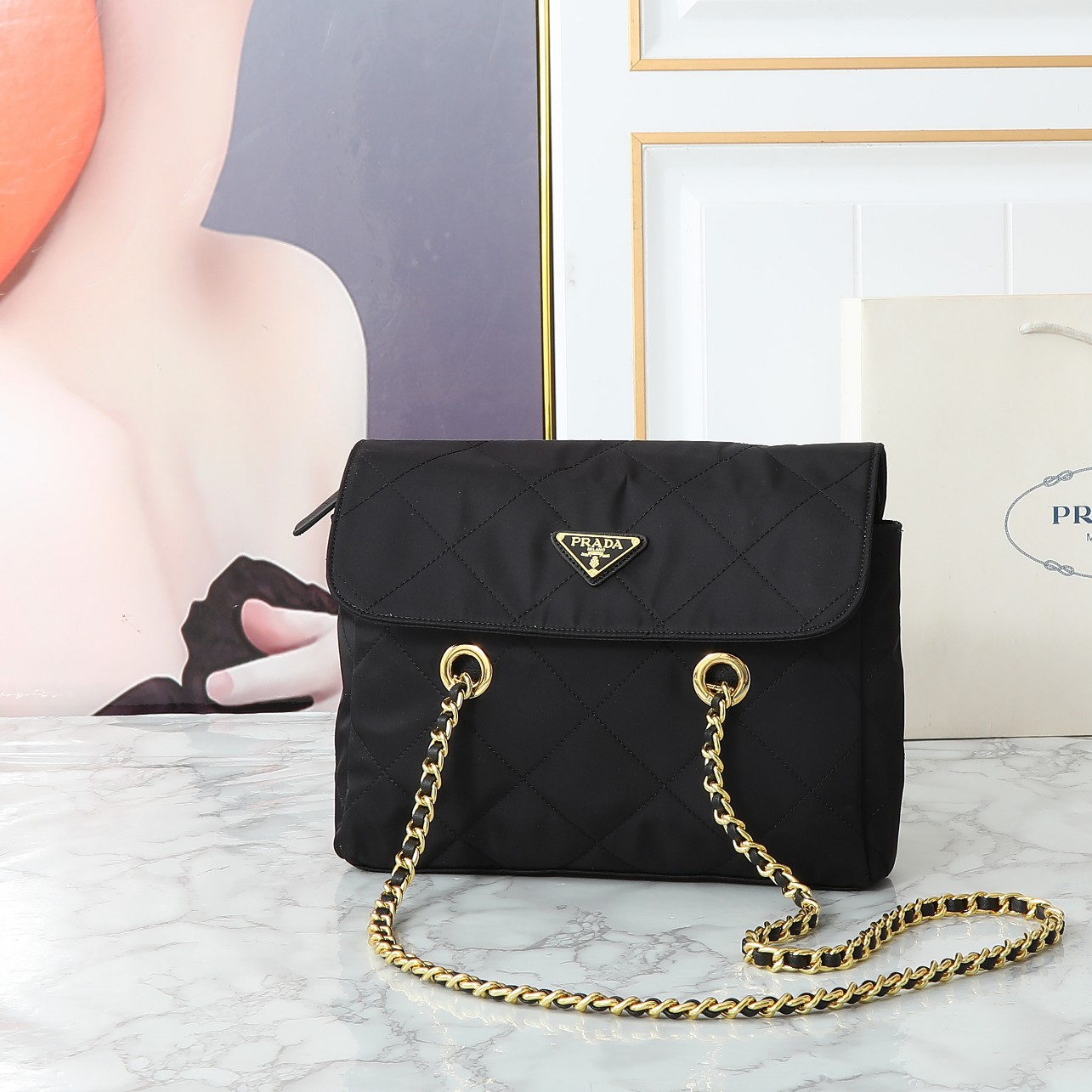 Saffiano texture Tessuto Impuntu Quilted Flap Shoulder Black Bag - Gorchic - $132.99