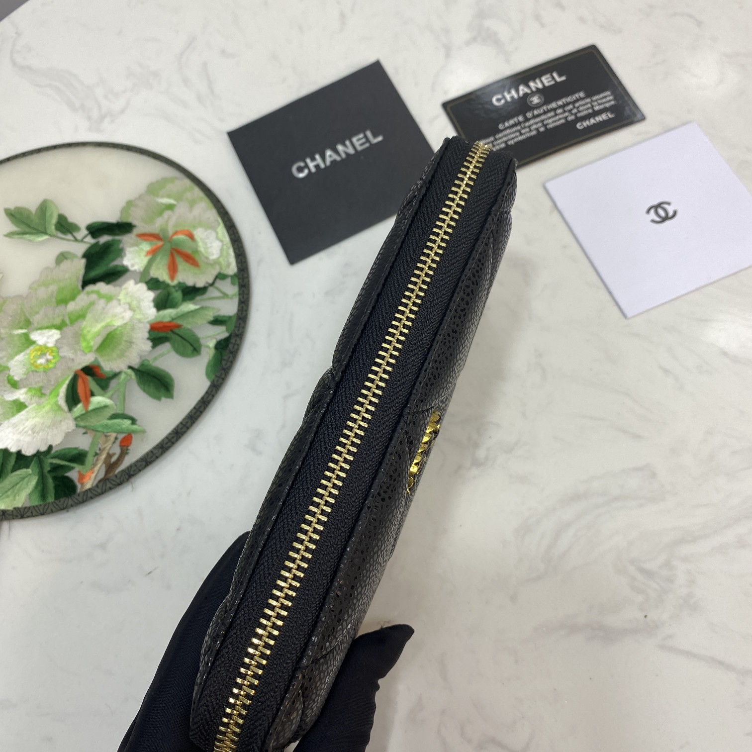 CC Inspired Boy Zip Around Wallet Quilted Caviar Long-Fishseed Pattern Gold Wallet - Gorchic - $52.99