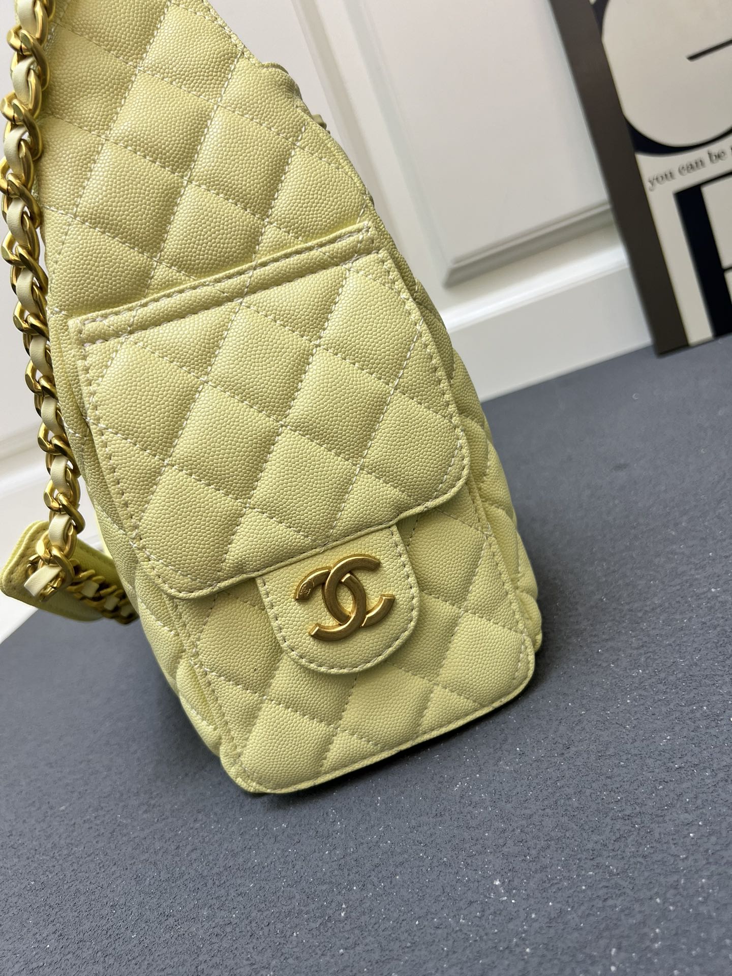CC Inspired 25 Small Handbag Grained Calfskin & Gold-Tone Metal Light Yellow - Bag - Gorchic - $152.99