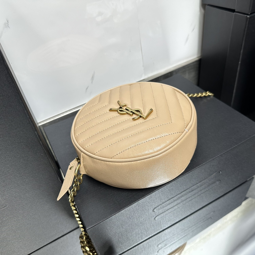 Lady Designer Grain De Poudre Matelasse Chevron Quilted Round Vinyle Camera Bag Dark Beige-Gold hardware - Bag - Gorchic - $131.99