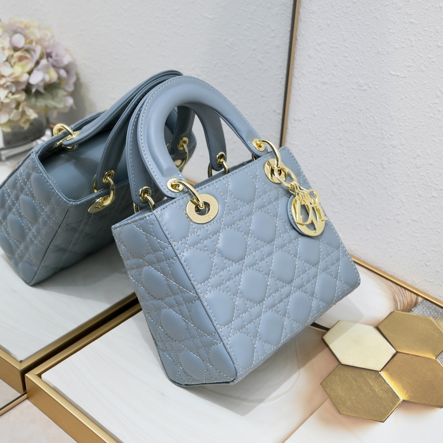 D Inspired Small Lady D Inspired Bag Blue Cannage Calfskin Golden Hardware - Bag - Gorchic - $144.99