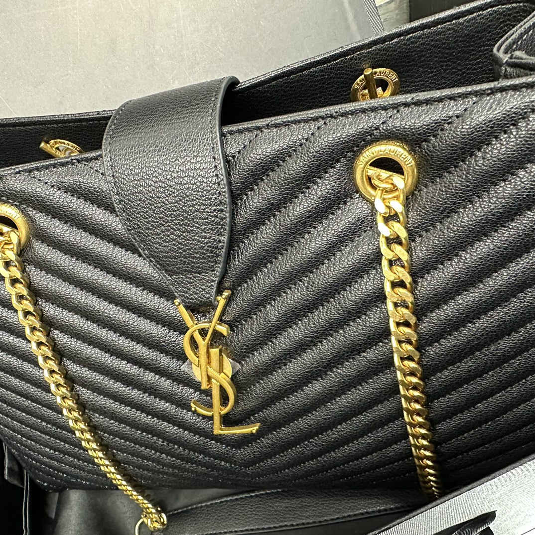 Lady Designer Black Matelasse Leather Cassandre Large Shopper Tote-Gold Hardware - Bag - Gorchic - $153.99