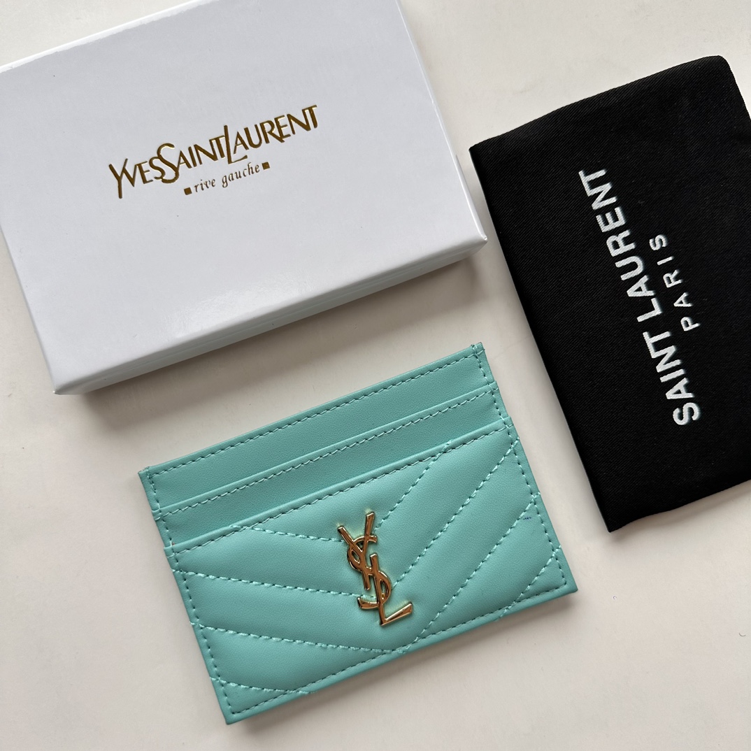 Lady Designer CASSANDRE MATELASSÉ card case in lambskin -Blue Wallet - Gorchic - $35.99