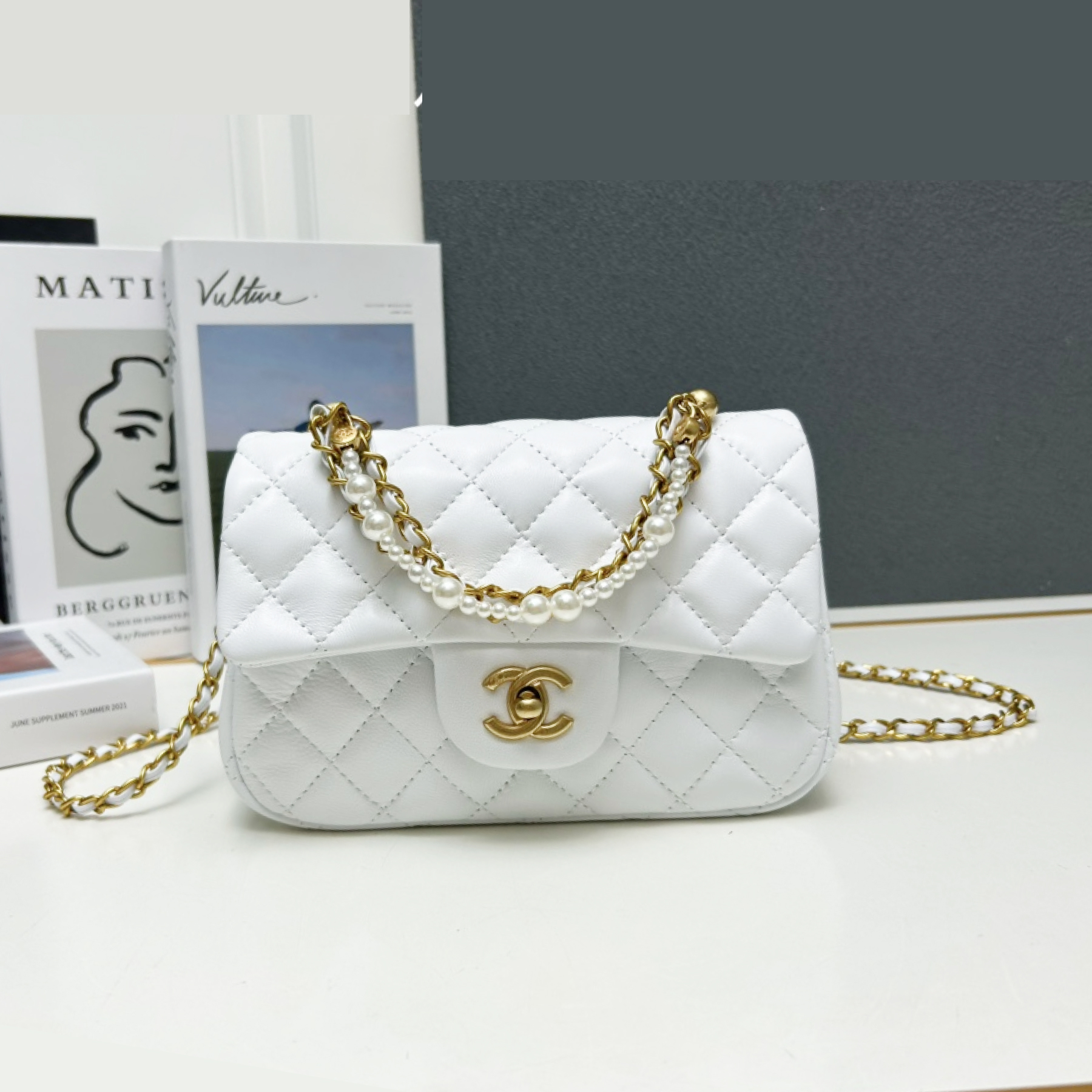 CC Inspired Mini Square Pearl Flap Bag White Leather Gold Hardware - Gorchic - $132.99