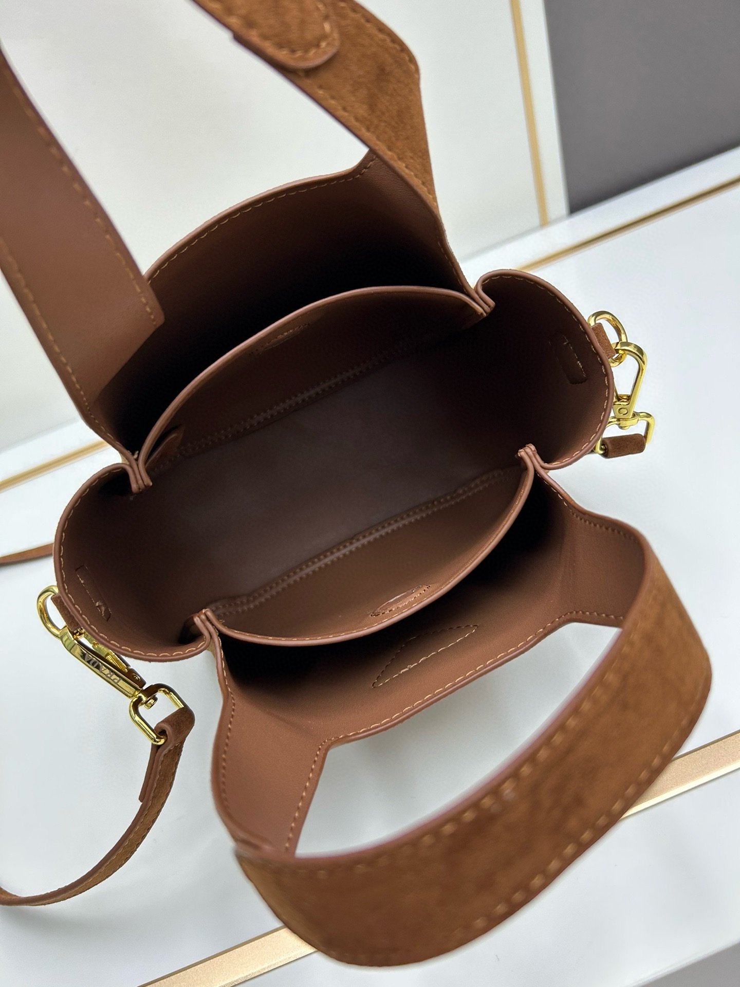 Saffiano texture Suede Brown Mini Tote Bag - Gorchic - $120.99