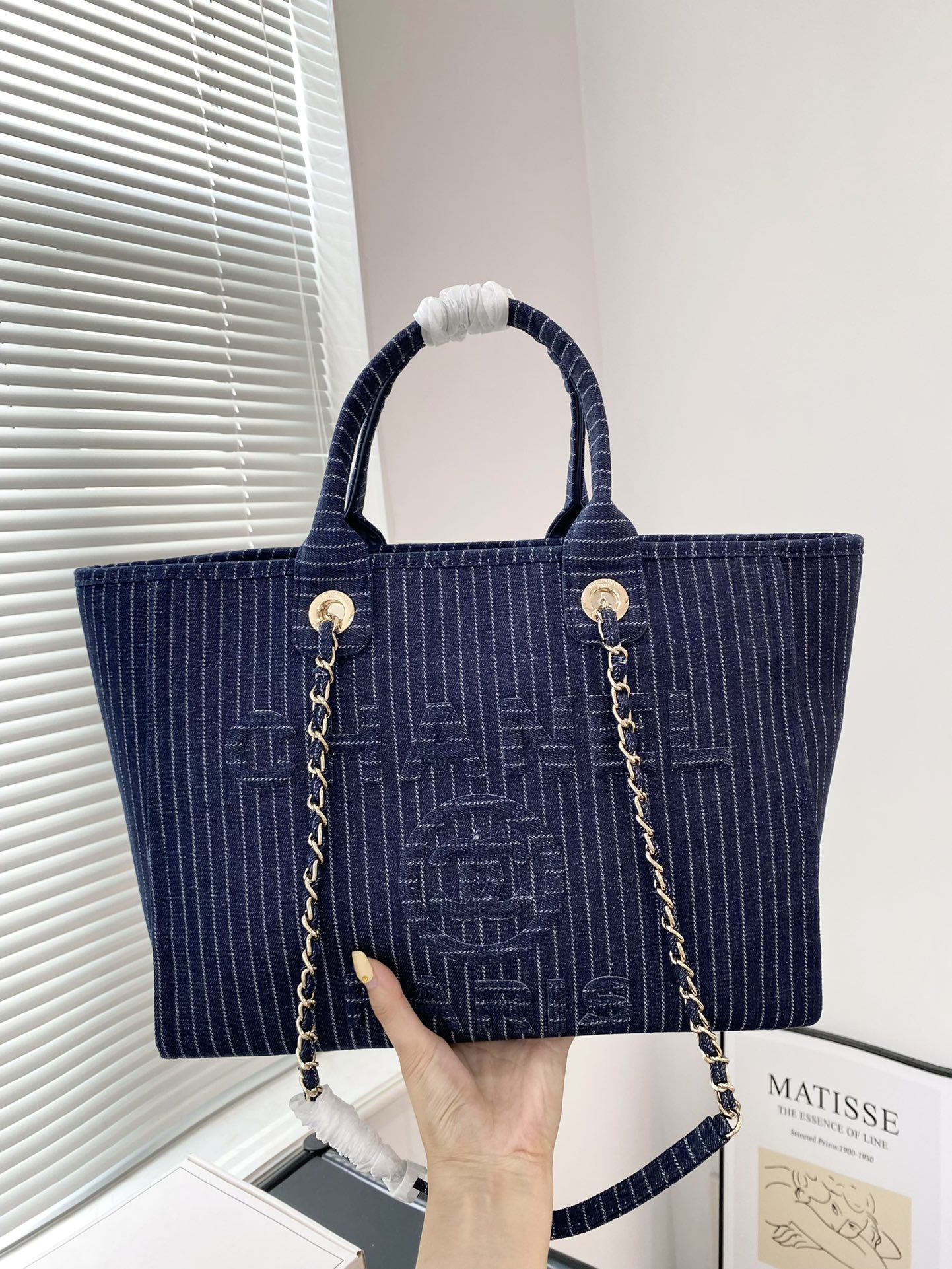 CC Inspired Shopping Tote Bag Denim & Gold Metal Dark Blue - Bag - Gorchic - $163.99