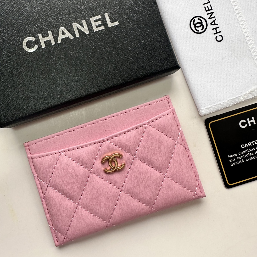 CC Inspired CLASSIC CARD HOLDER Grained Calfskin Pink Wallet - Gorchic - $37.99