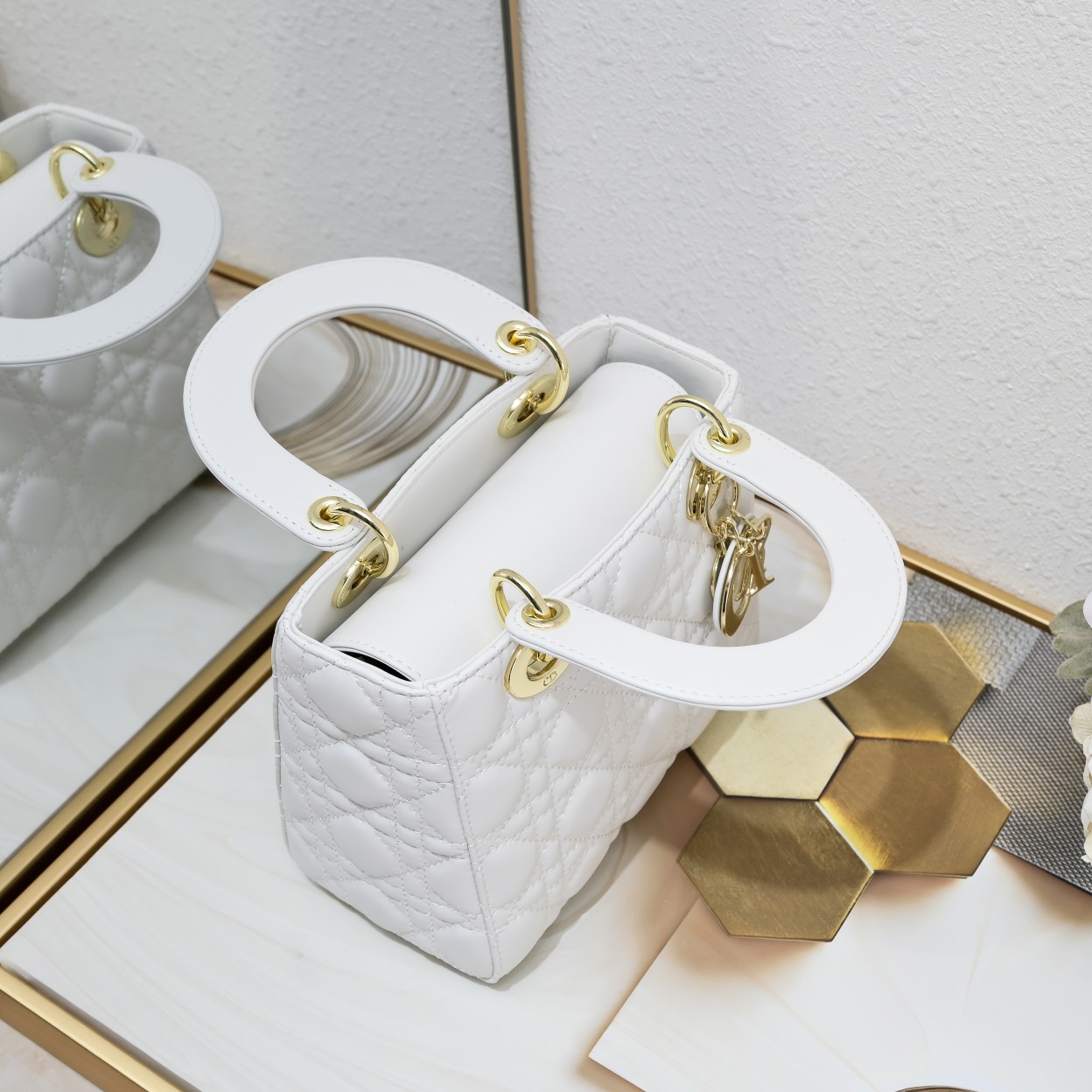 D Inspired Small Lady D Inspired Bag White Cannage Calfskin Golden Hardware - Bag - Gorchic - $144.99