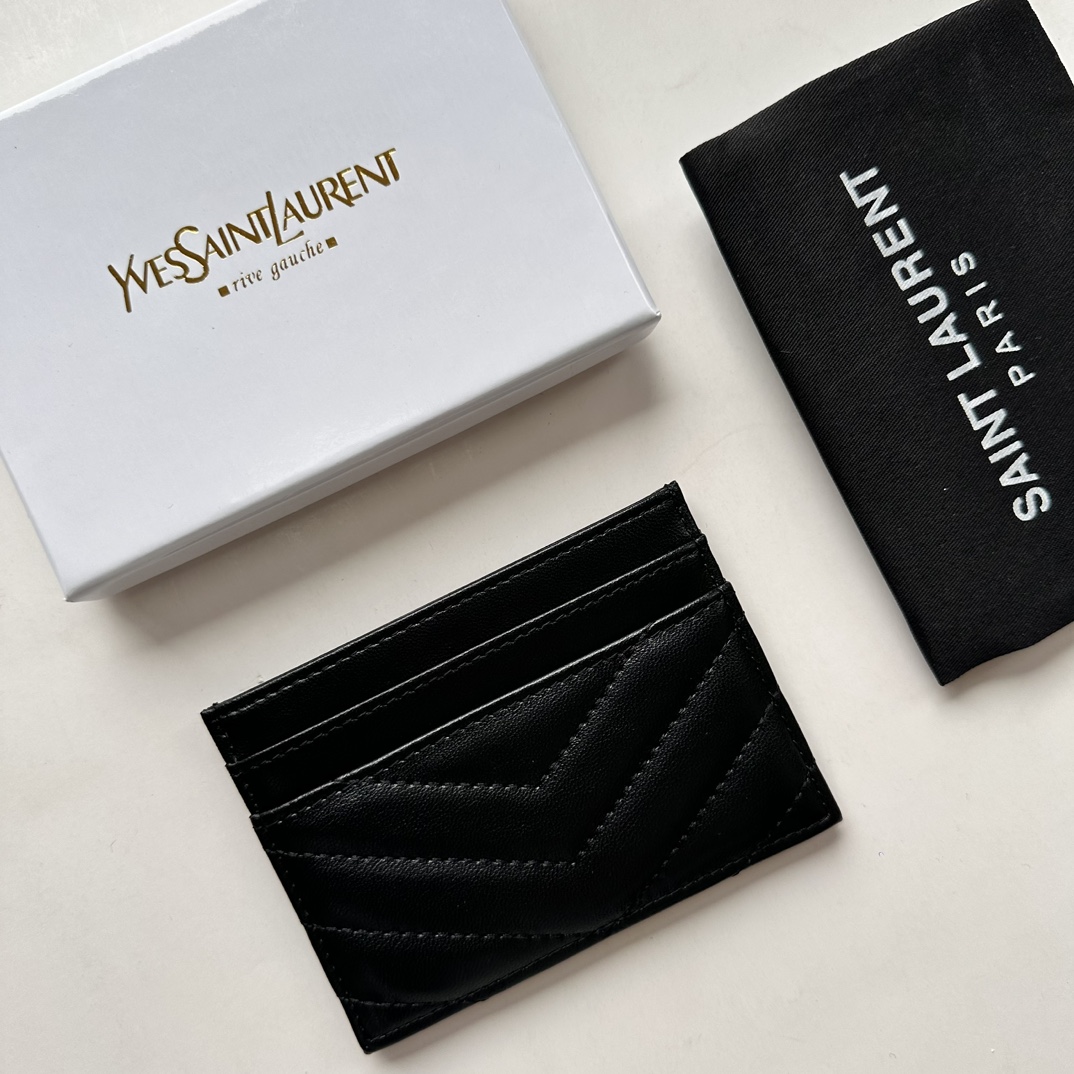 Lady Designer CASSANDRE MATELASSÉ card case in lambskin -Black and Gold Wallet - Gorchic - $35.99