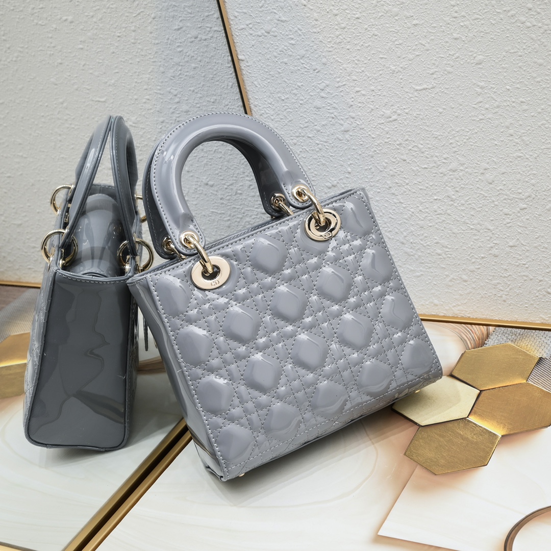 D Inspired Small Lady D Inspired Bag Powder Grey Patent Cannage Calfskin Golden Hardware - Bag - Gorchic - $144.99