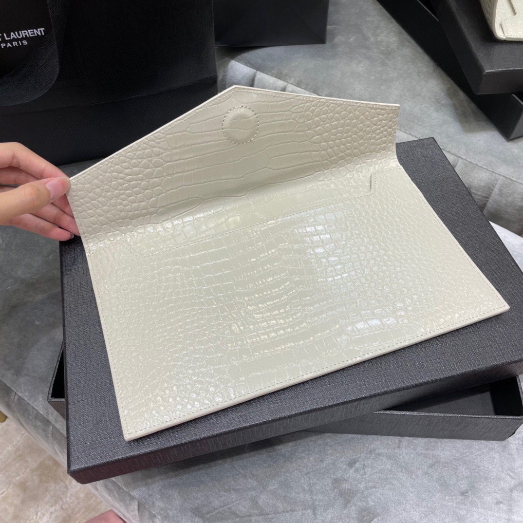 Lady Designer Uptown  POUCH IN CROCODILE-EMBOSSED SHINY LEATHER WHITE-GOLD HARDWARE - Bag - Gorchic - $122.99