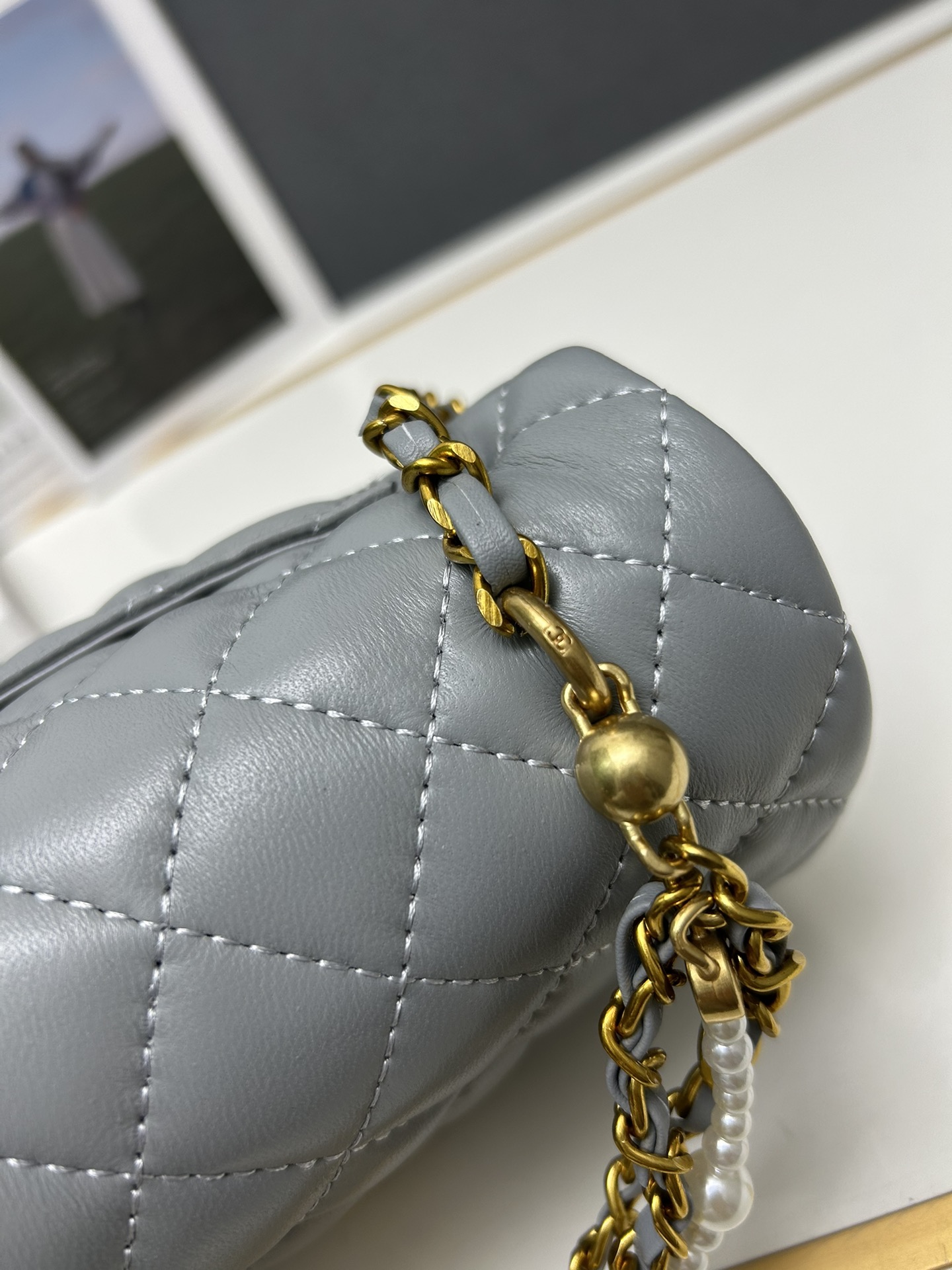 CC Inspired Mini Square Pearl Flap Bag Grey Leather Gold Hardware - Gorchic - $132.99