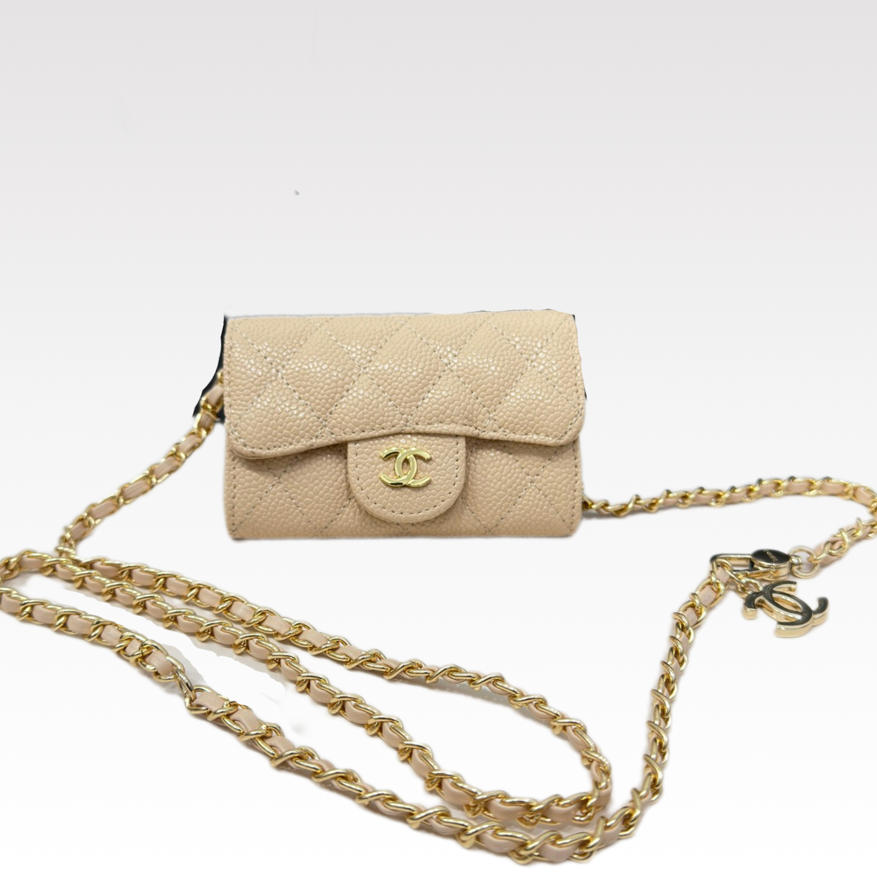 CC Inspired Beige Metallic Calfskin Quilted Flap Chain Waist Bag - Gorchic - $83.99