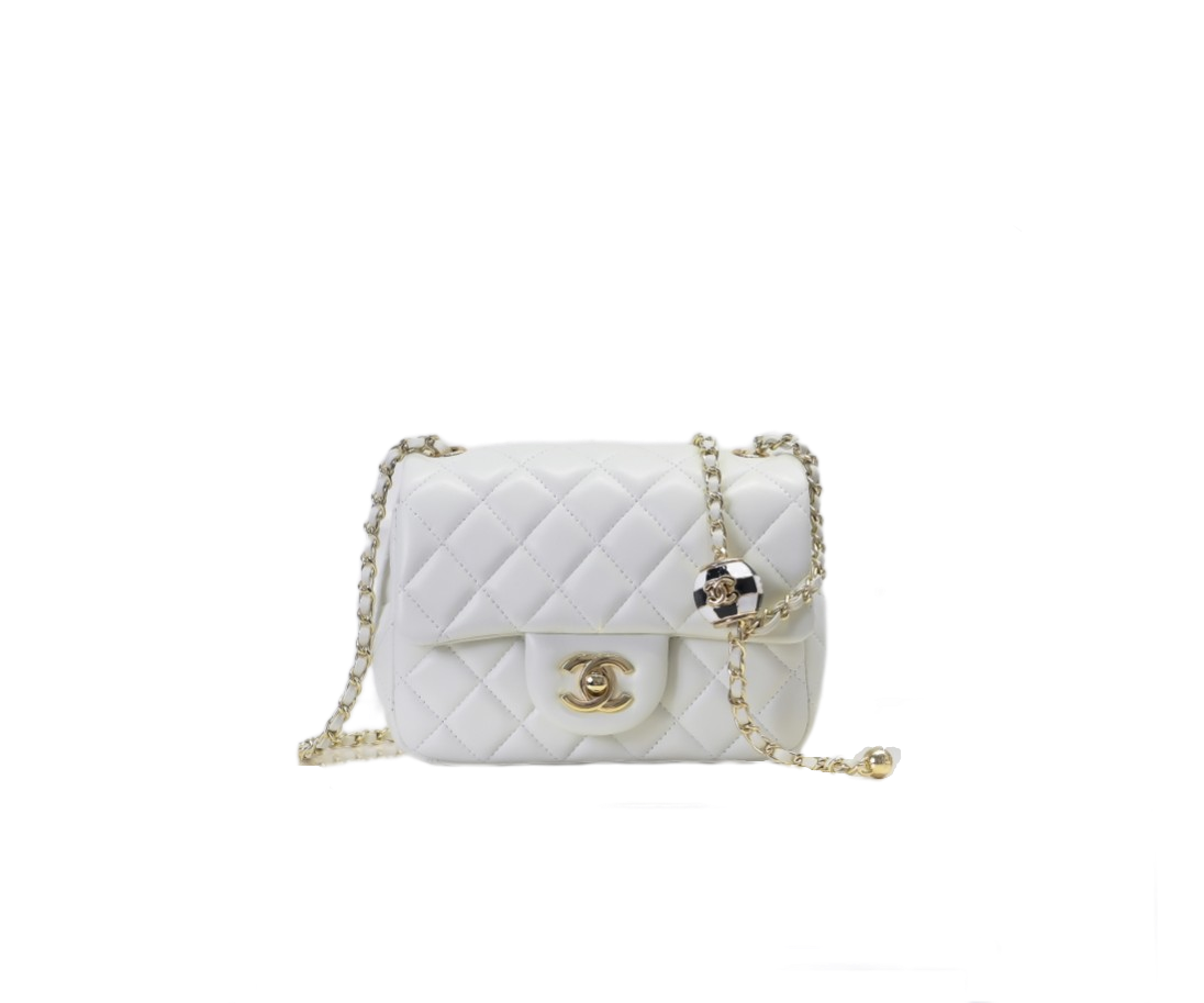 CC Inspired Classic Flag Bag Pearl Crush Mini Square White Calfskin Light Gold Hardware - Bag - Gorchic - $127.99