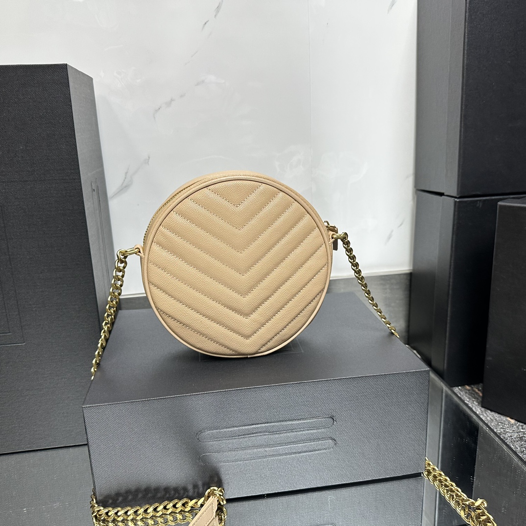 Lady Designer Grain De Poudre Matelasse Chevron Quilted Round Vinyle Camera Bag Dark Beige-Gold hardware - Bag - Gorchic - $131.99