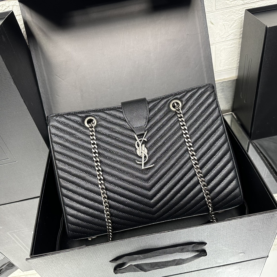 Lady Designer Black Matelasse Leather Cassandre Large Shopper Tote-Sier Hardware - Bag - Gorchic - $153.99