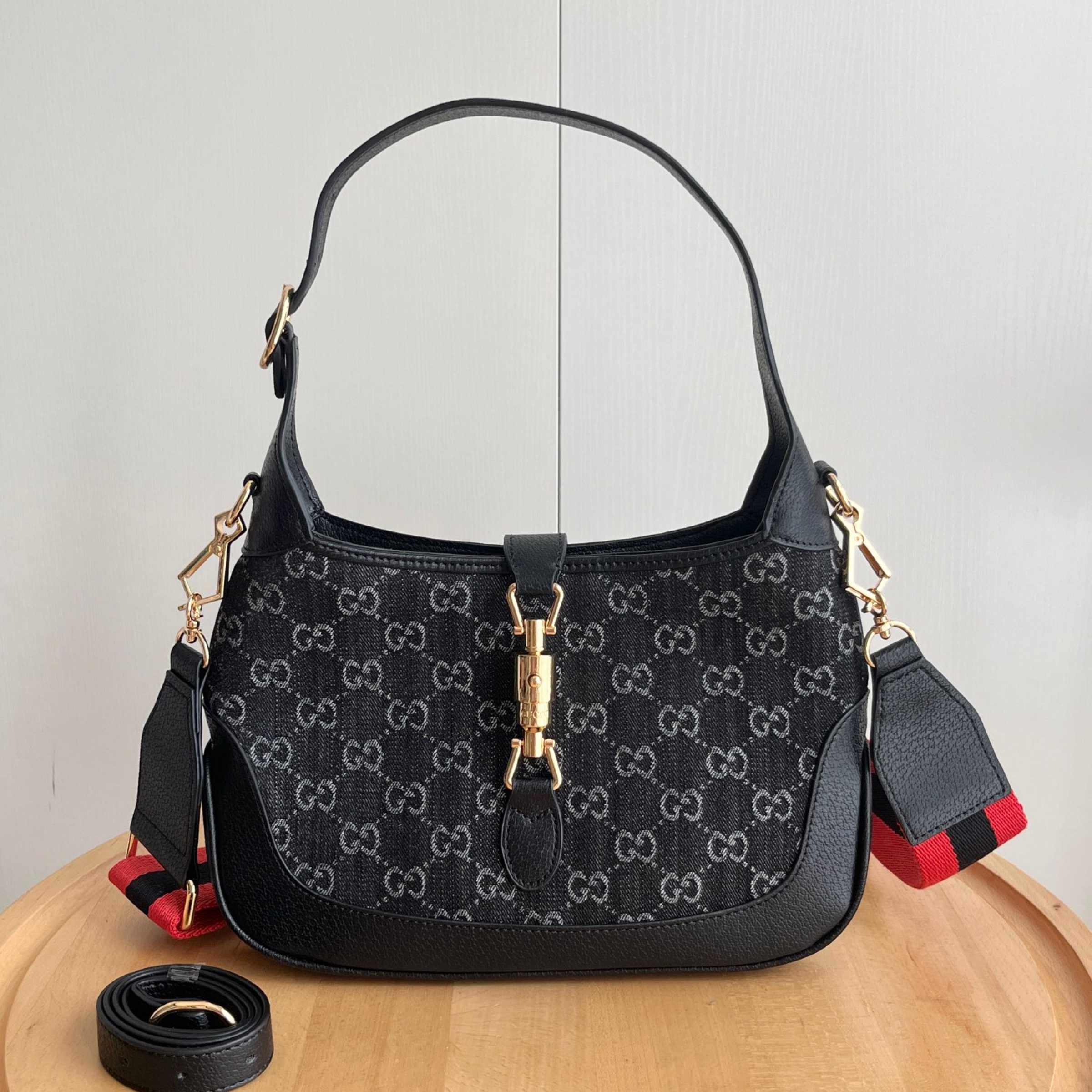 Double-G Small Jackie 1961 Bag in Horsebit Black Denim and GHW - Bag - Gorchic - $124.99