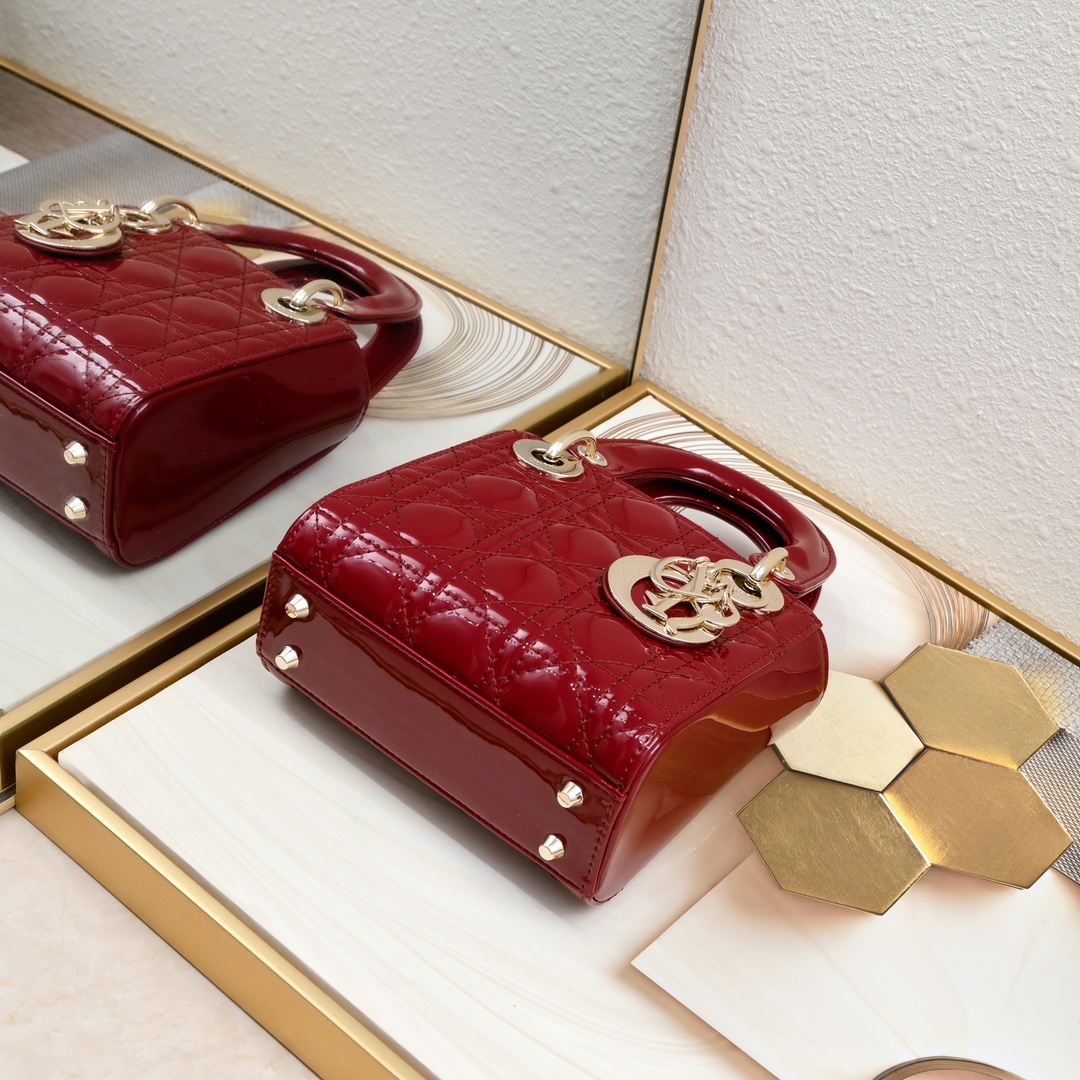 D Inspired Mini Lady D Inspired Bag Powder Cherry Red Patent Cannage Calfskin Golden Hardware - Bag - Gorchic - $138.99